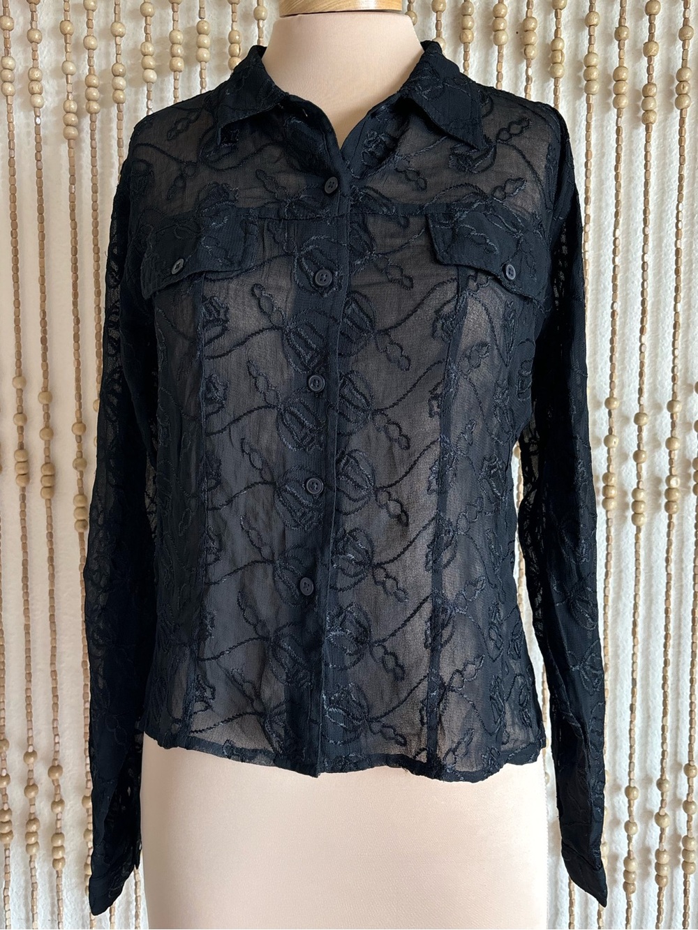 Vintage Black Embroidered Floral Semi Sheer Fairy Grunge Boho Button-Down Shirt